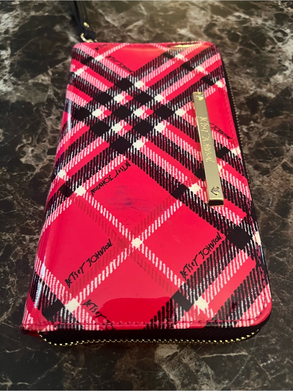 Betsey Johnson Pink Red Plaid Patent Zip Wristlet